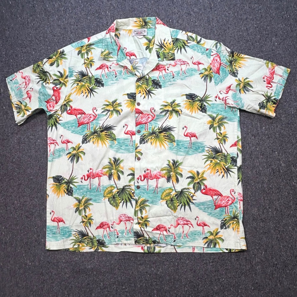 Pacific Legend Hawaiian Shirt Sz 2XL Mens Green Flamingo Tropical Beach Camp USA